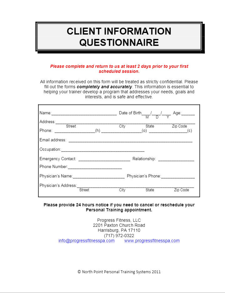 Client questionnaire progress fitness llc